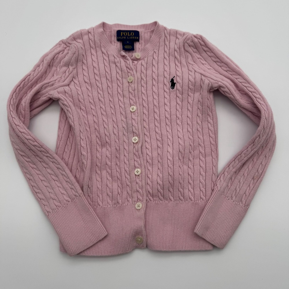 Polo Ralph Lauren Girls Pink Cable Knit Cotton Cardigan Sweater Size 6 Pony Logo